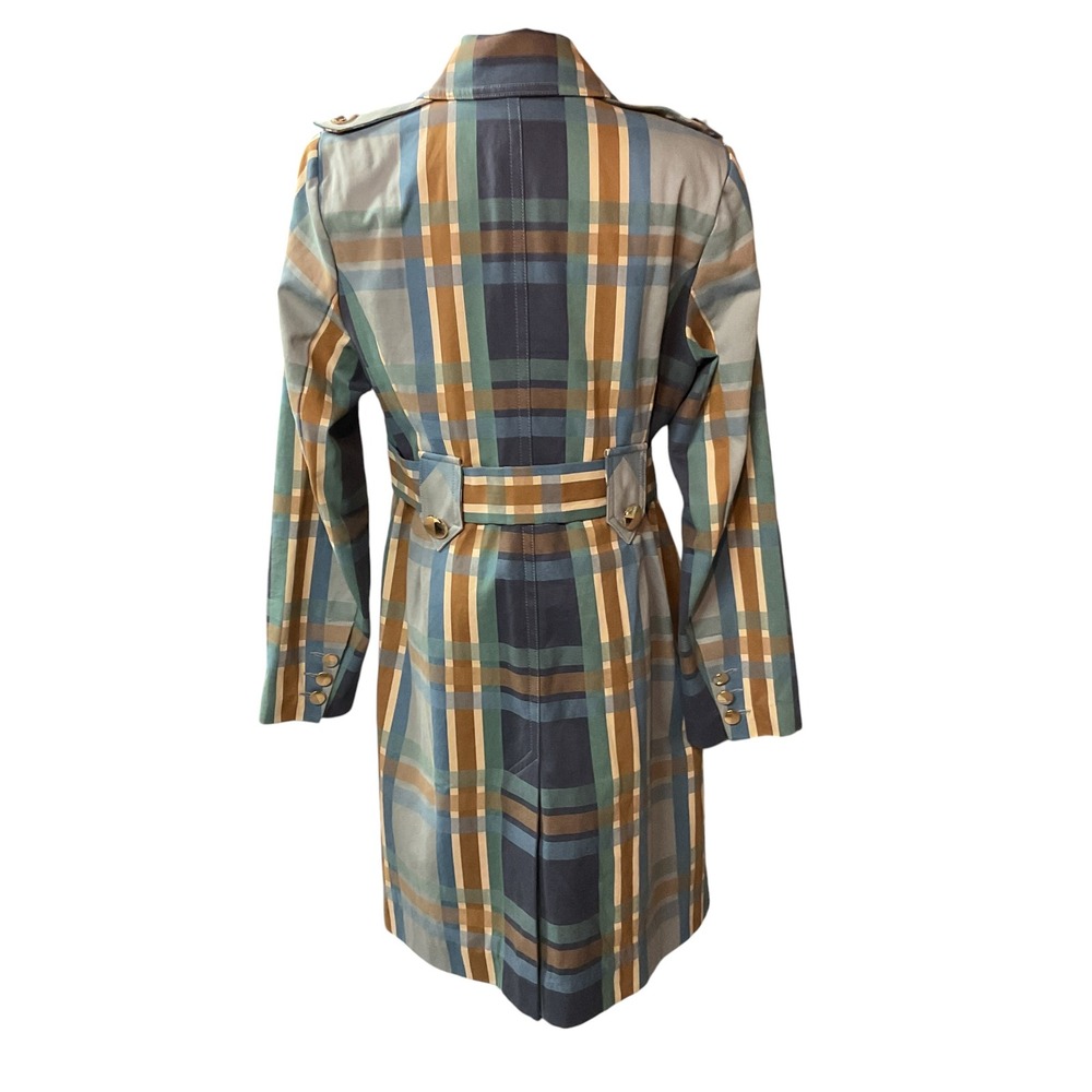 CAbi Women's Multi Plaid Printed Highclere Trench Gold Button Front Size Medium - Picture 5 of 11
